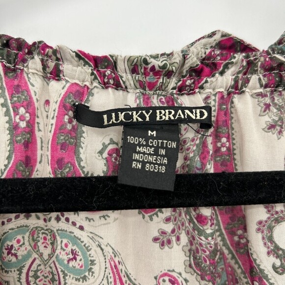 LUCKY BRAND Cream Burgundy Teal Sheer Lightweight Paisley Print Boho Top Medium - Picture 5 of 5